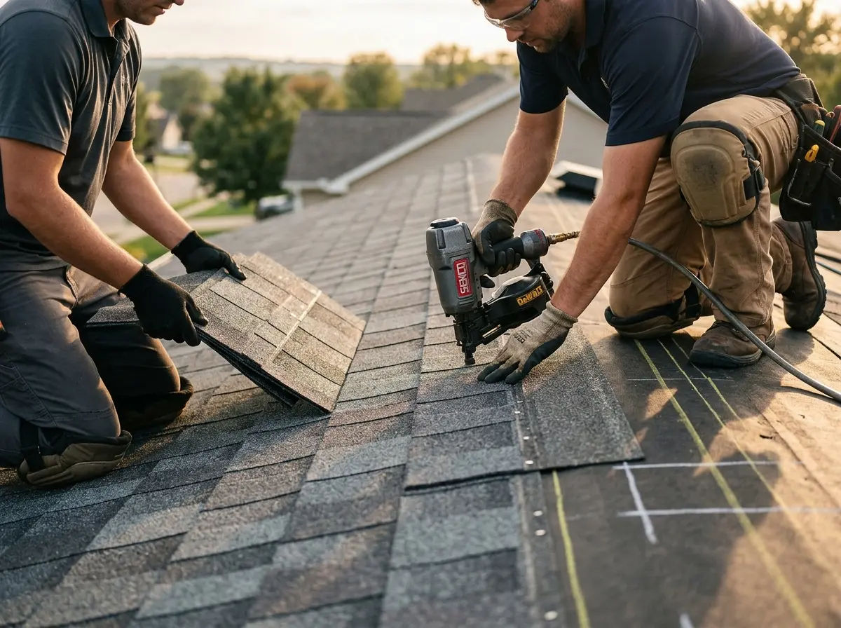 Professional roofer working on a residential roof in Adairsville